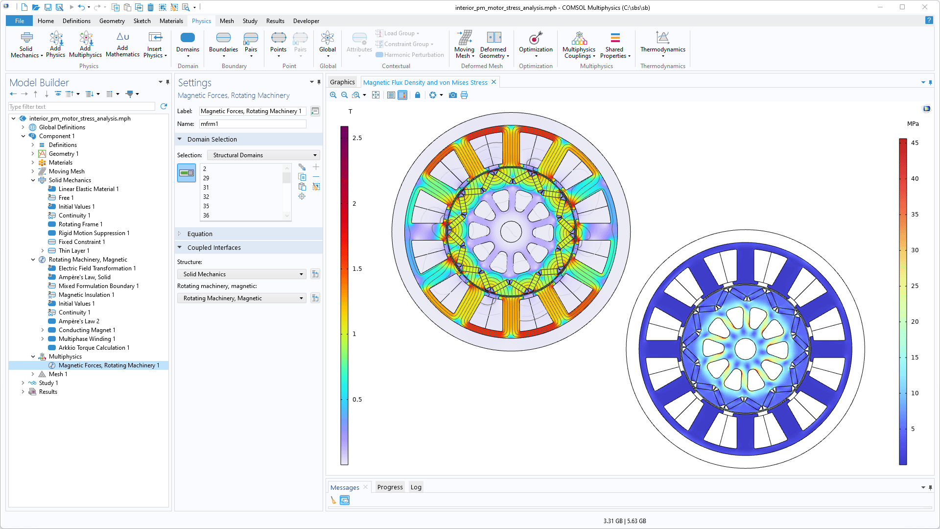 The COMSOL Multiphysics UI showing the Model Builder with the Magnetic Forces, Rotating Machinery node highlighted; the corresponding Settings window; and the two results plots of a motor model.