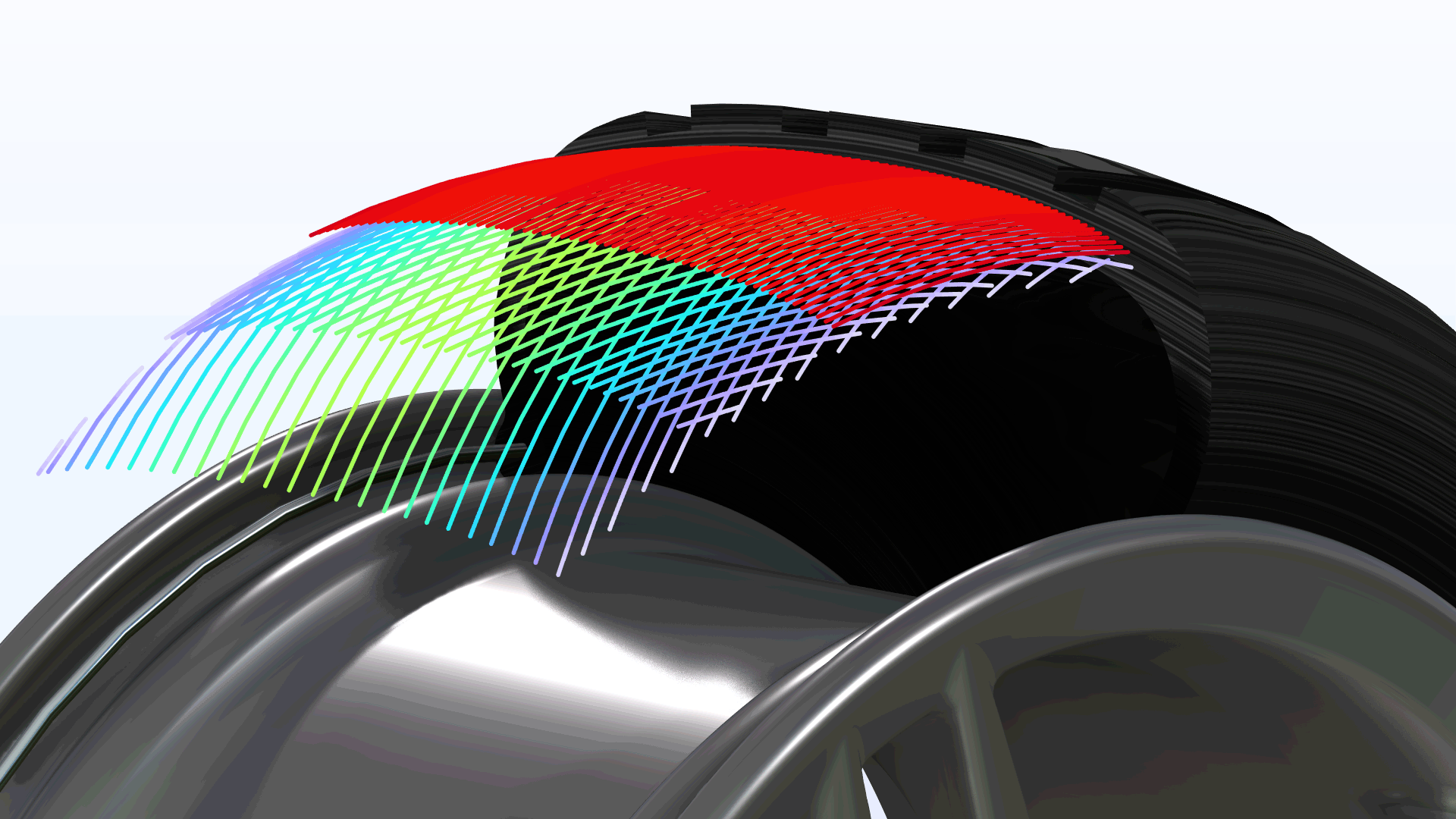 A tire model showing the stress in the Prism color table.