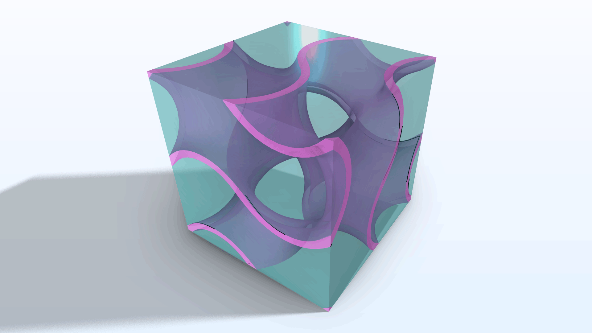 A gyroid unit cell model in teal and pink.