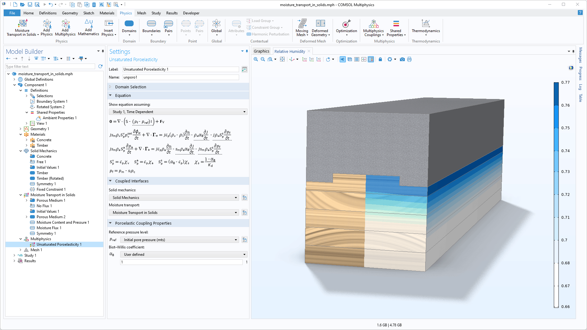 The COMSOL Multiphysics UI showing the Model Builder with the Unsaturated Poroelasticity node highlighted, the corresponding Settings window, and a timber–concrete model in the Graphics window.