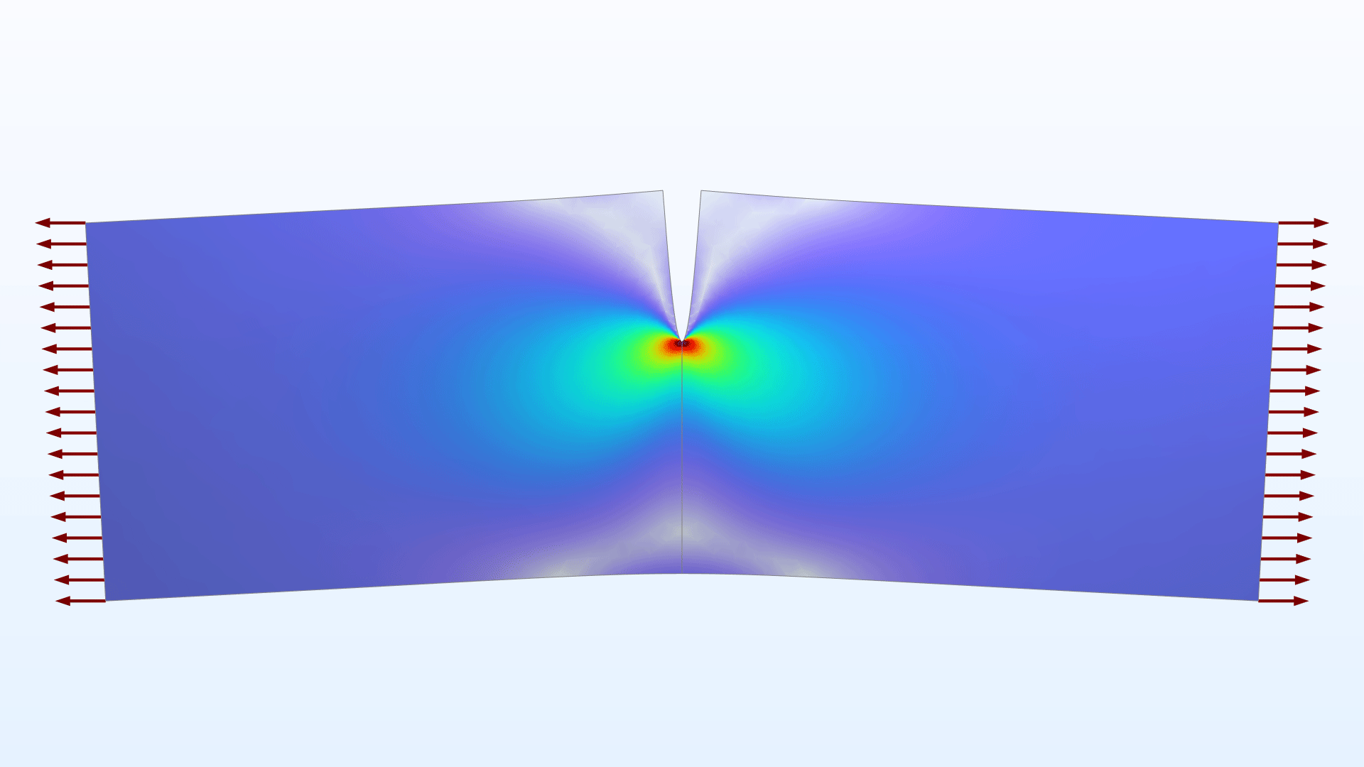 A model showing the stress at a crack in the Prism color table.