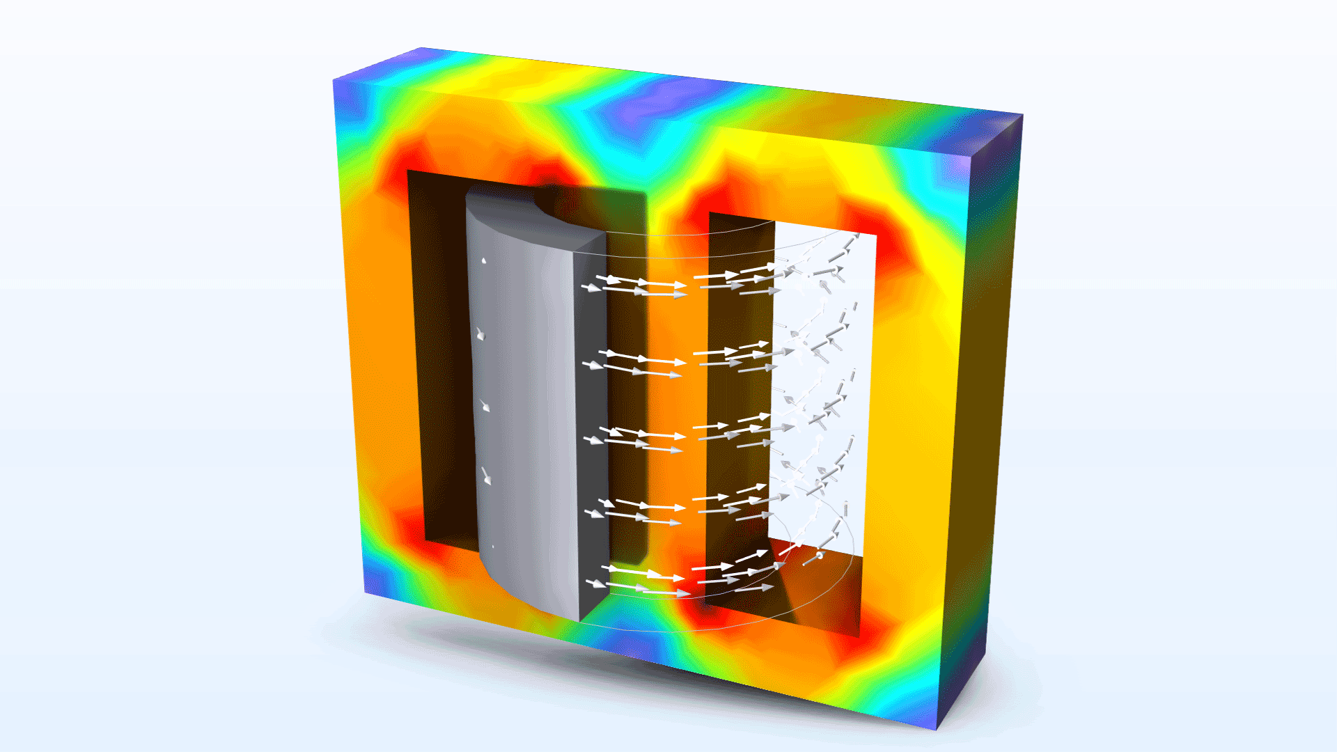 An E-core transformer model in the Rainbow color table with white arrows around the core.