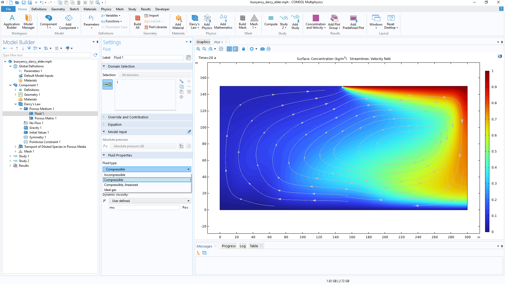 The COMSOL Multiphysics UI showing the Model Builder with the Fluid node highlighted, the corresponding Settings window, and a buoyancy flow model in the Graphics window.