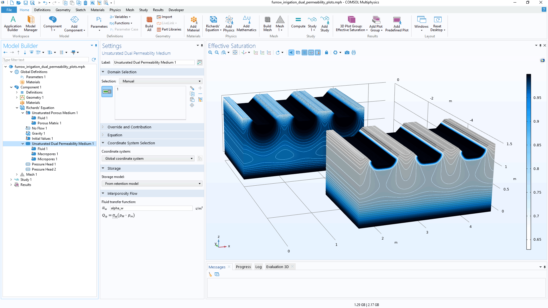 The COMSOL Multiphysics UI showing the Model Builder with the Unsaturated Dual Permeability Medium node highlighted, the corresponding Settings window, and the Furrow Irrigation — Dual Permeability model in the Graphics window.