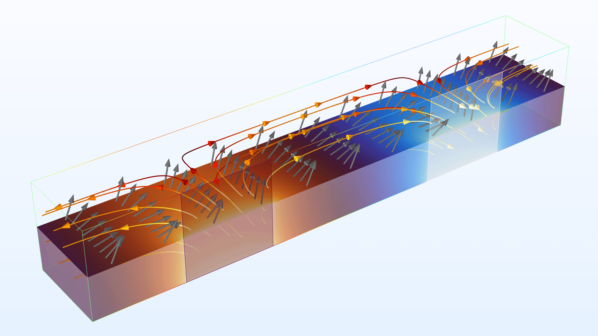 A nematic liquid crystal model showing the electric potential distribution in the Thermal Wave color table and the electric field with a streamline plot in the Thermal color table.