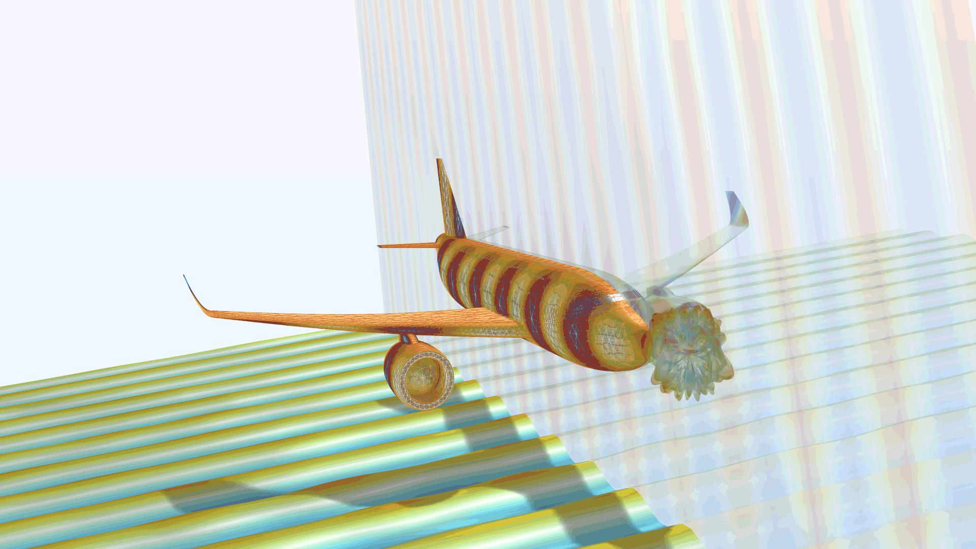 An airplane model showing the bistatic radar cross section in the Thermal Wave color table.