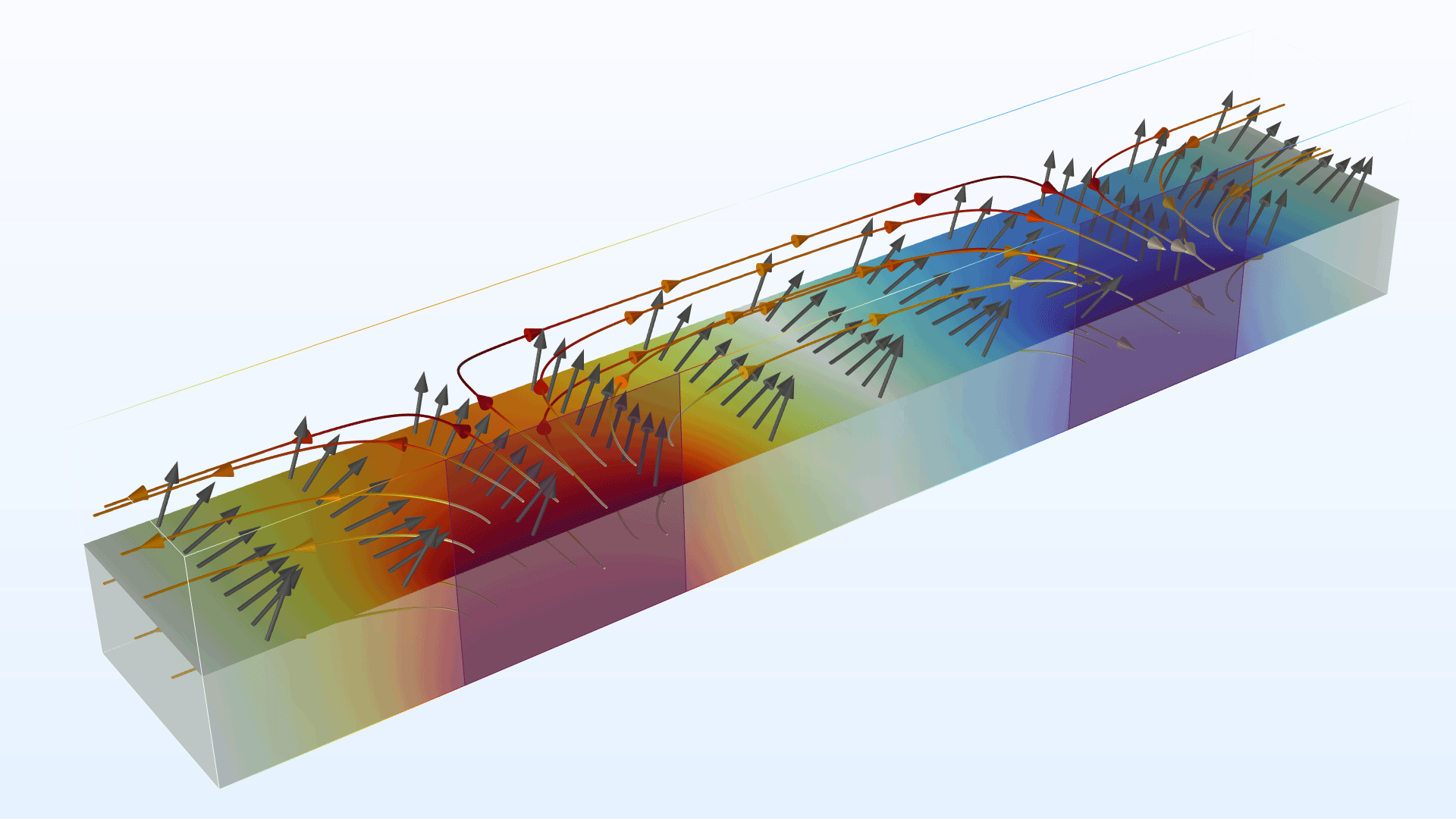 A nematic liquid crystal model showing the electric potential distribution in the Dipole color table and the electric field with a streamline plot in the Thermal color table.