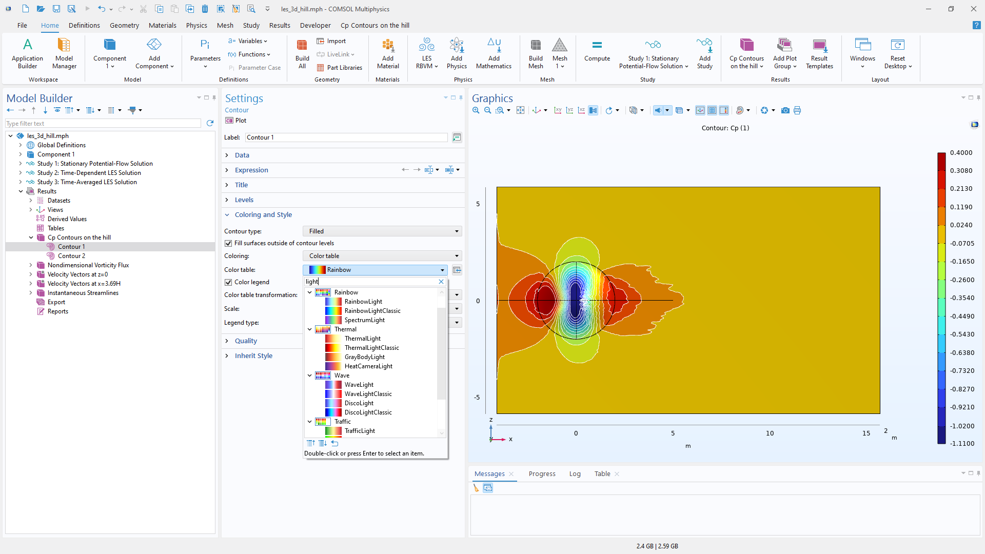 The COMSOL Multiphysics UI showing the Model Builder with the Contour node highlighted, the corresponding Settings window, and a 3D hill geometry in the Graphics window.