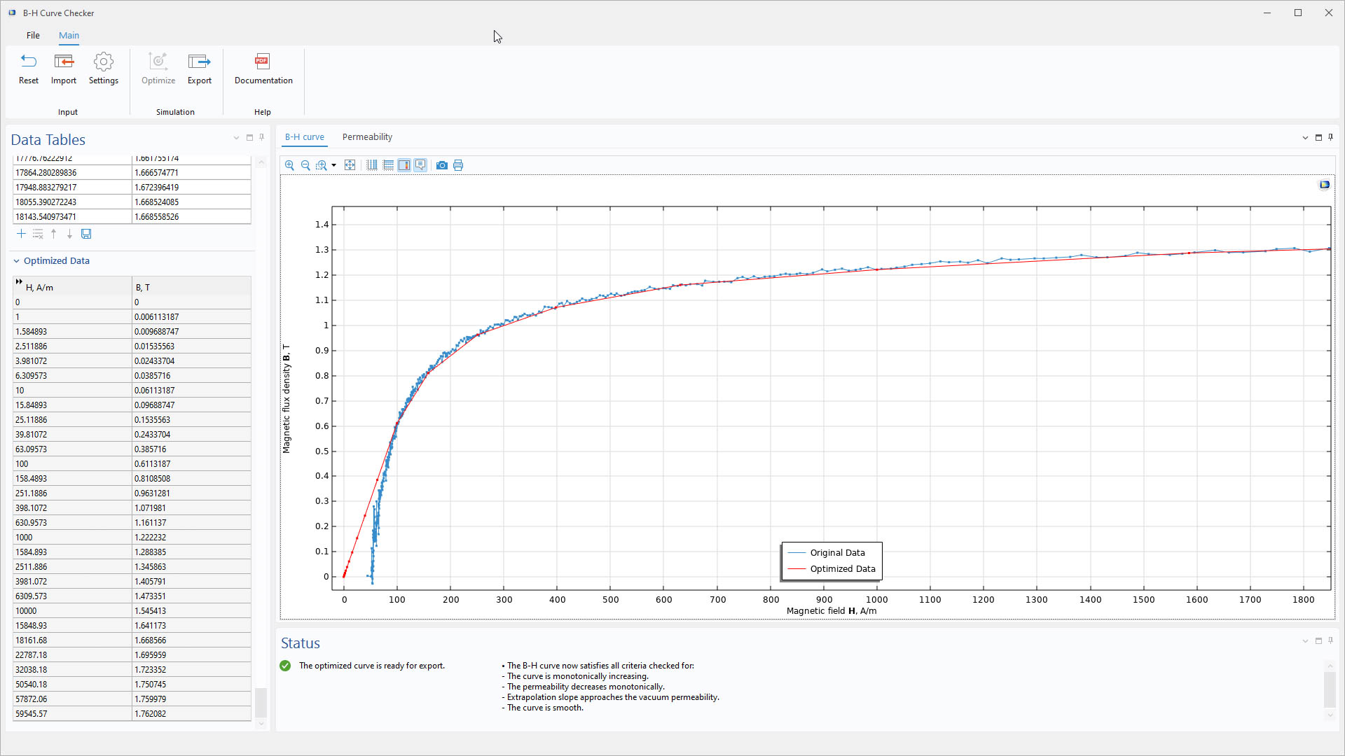 An app showing data tables and a B–H curve in the Graphics window.