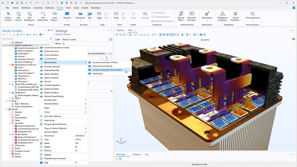 Interface utilisateur de COMSOL Multiphysics montrant le Constructeur de modèles avec le noeud Courants électriques mis en évidence, le menu contextuel et un modèle IGBT dans la fenêtre graphique.