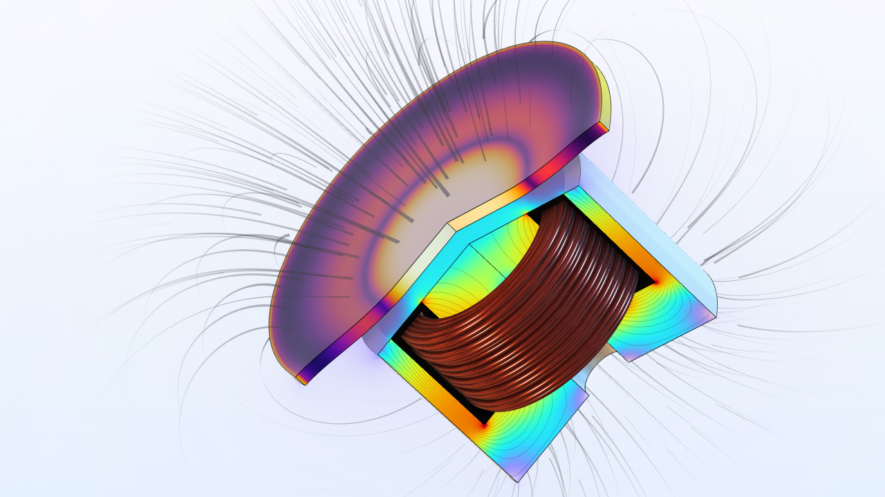 A magnetic diaphragm model showing the deformation and magnetic field.