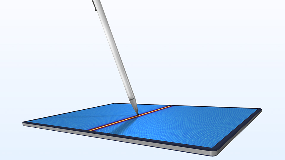 A touchscreen model with a pen touching the surface, showing the electric field distribution.