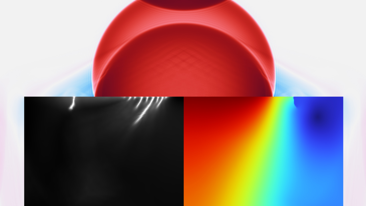 A shock wave lithotripsy model showing the acoustic pressure, displacement, and phase field results.