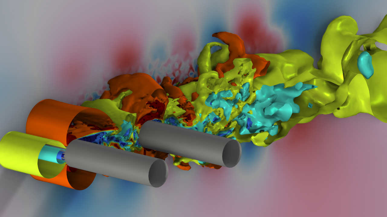A tandem cylinder model showing the flow noise results.