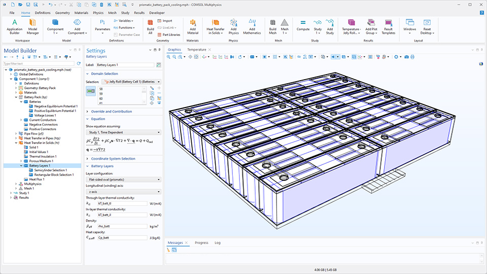 L'interface utilisateur de COMSOL Multiphysics montrant le Constructeur de modèles avec le noeud Couches de batterie, mis en évidence, la fenêtre de réglages correspondante et un modèle de pack de batteries dans la fenêtre graphique.
