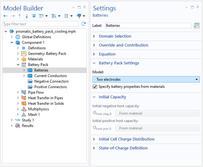 A close-up view of the Model Builder with the Batteries node highlighted and the corresponding Settings window.