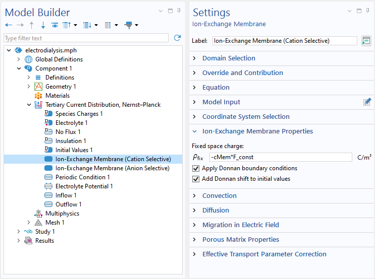 A close-up view of the Model Builder with the Ion-Exchange Membrane node highlighted and the corresponding Settings window.
