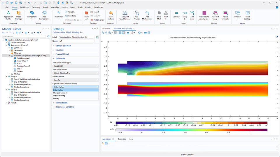 The COMSOL Multiphysics UI showing the Model Builder with the Turbulent Flow, Elliptic Blending R–ε node highlighted, the corresponding Settings window, and a rotating channel in the Graphics window.