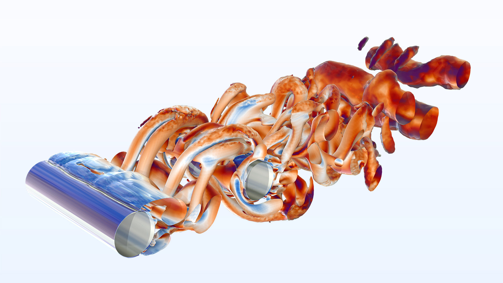 A tandem cylinder model showing the unsteady flow in isosurfaces.