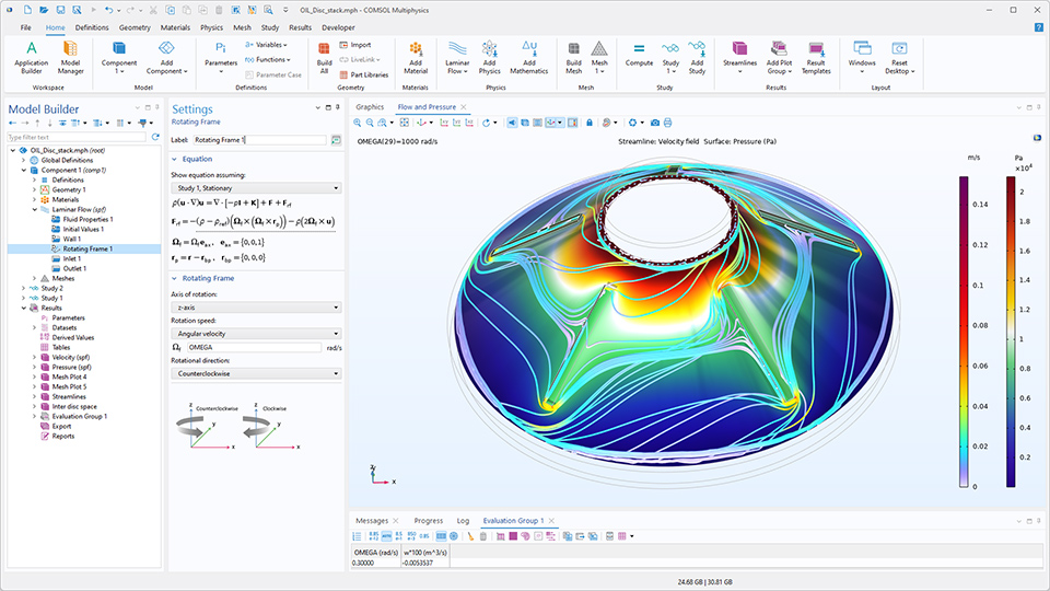 L'interface utilisateur de COMSOL Multiphysics montre le Constructeur de modèles avec le noeud Référentiel tournant mis en évidence, la fenêtre de réglages correspondante et un modèle d'empilement de disque dans la fenêtre graphique.