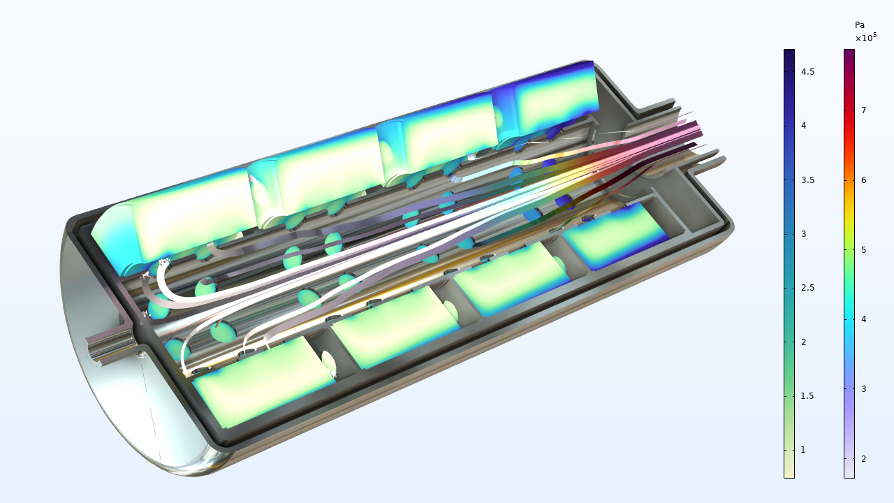 A hydride tank model showing the hydrogen-to-metal ratio and flow field.