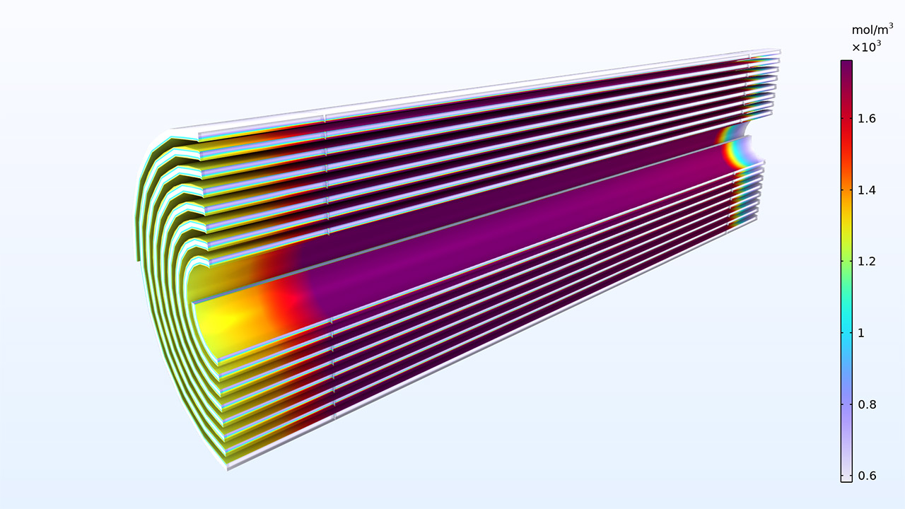 Une unité de dessalement avec une membrane en forme de spirale montrant le champ de concentration.