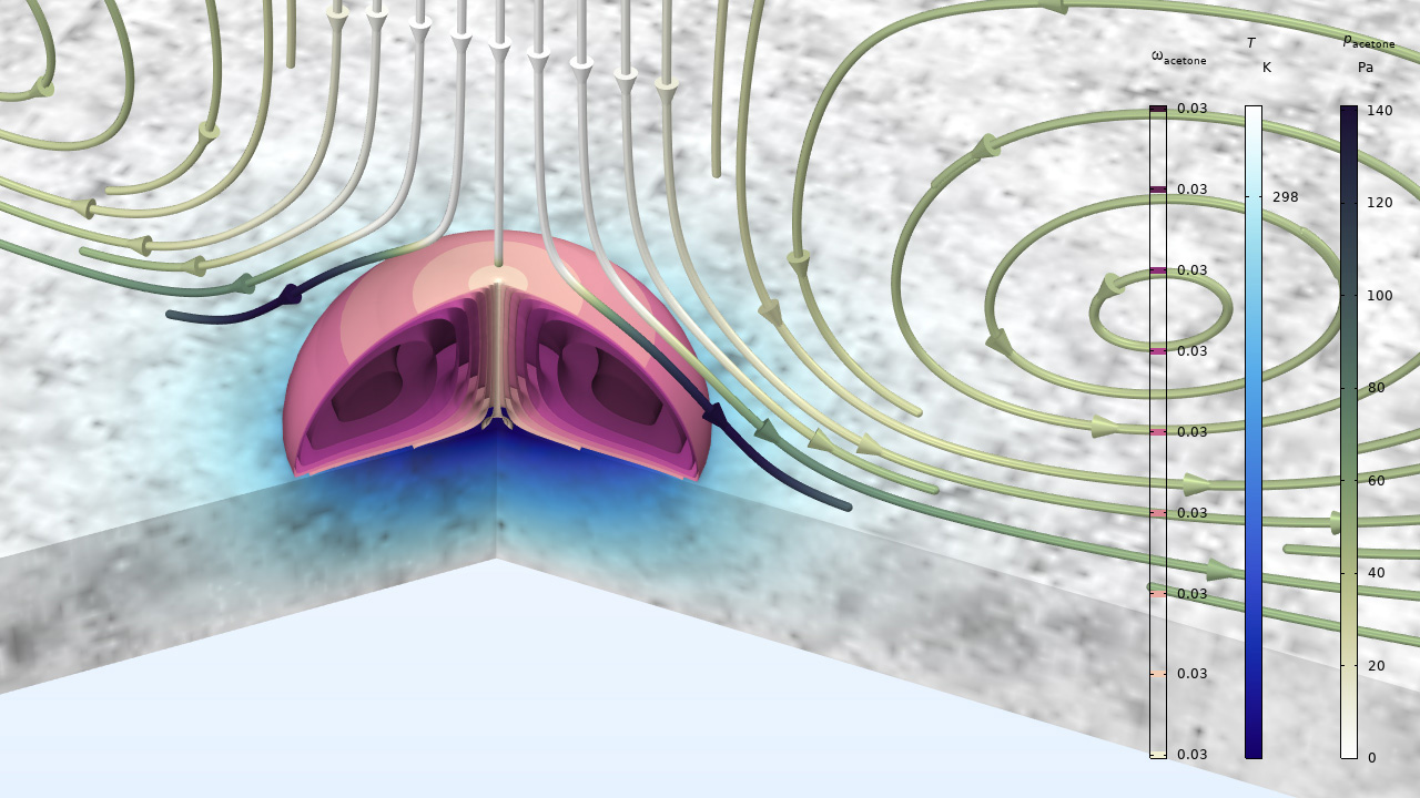 A marble substrate model showing the mass fraction, substrate temperature, and flow field.