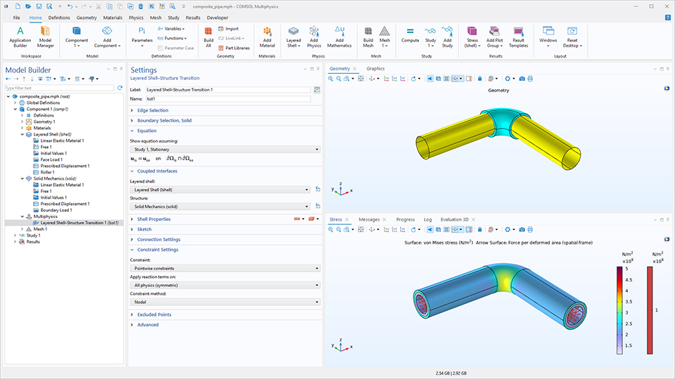 The COMSOL Multiphysics UI showing the Model Builder with the Layered Shell–Structure Transition coupling node highlighted, the corresponding Settings window, and two Graphics windows.