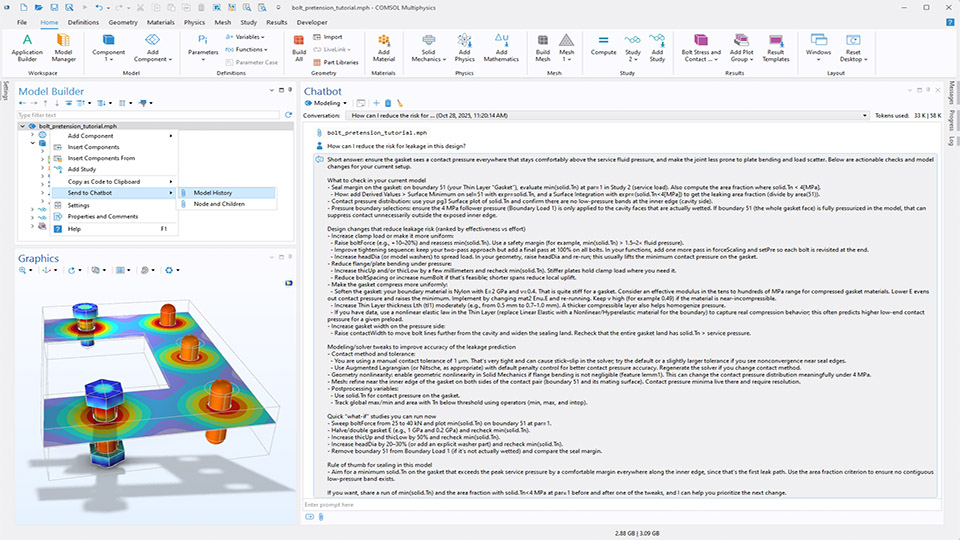 L'interface utilisateur de COMSOL Multiphysics montre le Constructeur de modèles avec le menu contextuel Envoyer au chatbot, un modèle de prétension de boulon dans la fenêtre Graphiques et la fenêtre Chatbot.