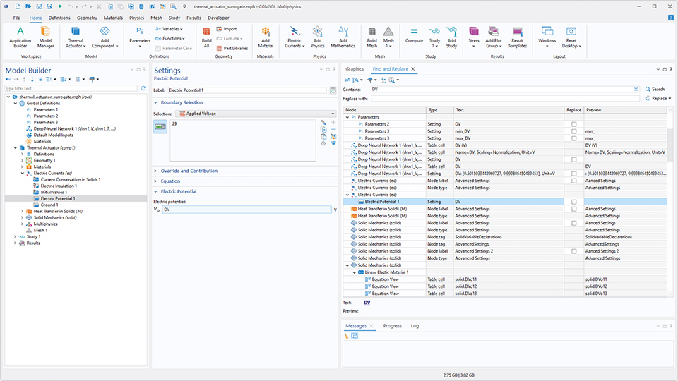 The COMSOL Multiphysics UI showing the Model Builder with the Electric Potential node highlighted, the corresponding Settings window, and the Find and Replace window.