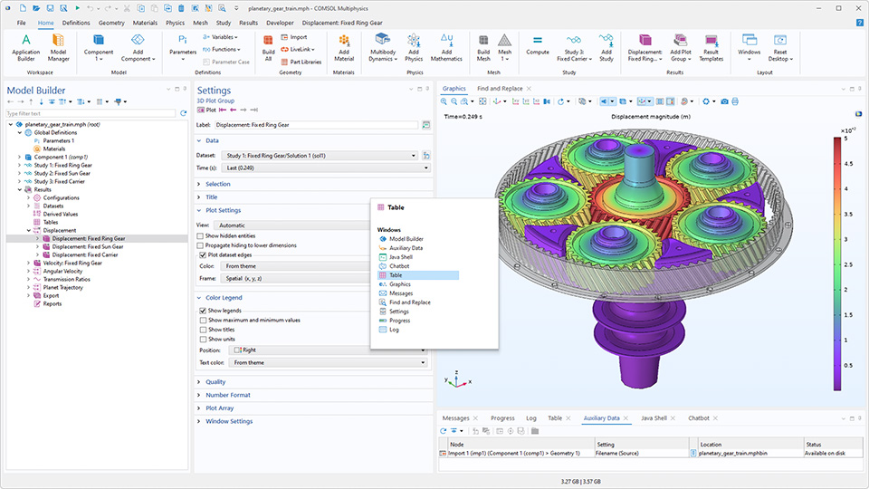 L'interface utilisateur de COMSOL Multiphysics montre le Constructeur de modèles avec le noeud Groupe de graphiques 3D mis en évidence, la fenêtre de réglages correspondante, un modèle de train d'engrenages dans la fenêtre graphique, et le sélecteur de fenêtre ouvert au centre.