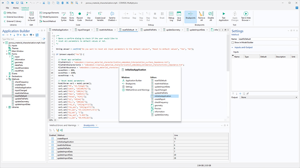 The Application Builder UI showing the window switcher opened in the center.