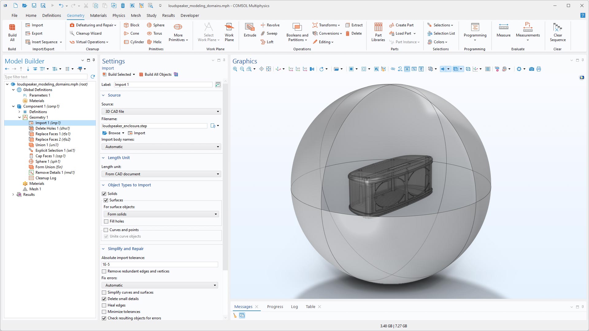 The COMSOL Multiphysics UI showing the Model Builder with the Import node highlighted, the corresponding Settings window, and a loudspeaker model in the Graphics window.