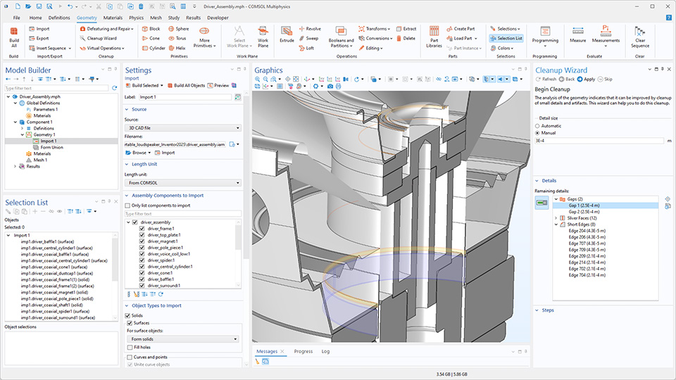 The COMSOL Multiphysics UI showing the Model Builder with the Import node highlighted, the corresponding Settings window, a driver assembly model in the Graphics window, the Selection List window, and the Cleanup Wizard window.