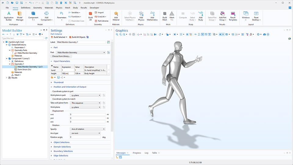 The COMSOL Multiphysics UI showing the Model Builder with the Part Instance node highlighted, the corresponding Settings window, and a manikin model in the Graphics window.