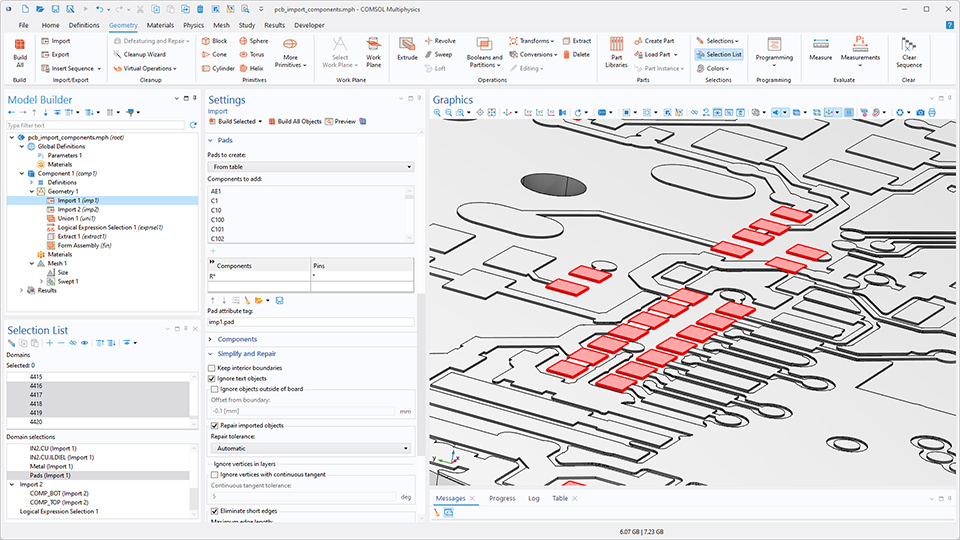 The COMSOL Multiphysics UI showing the Model Builder with the Import node highlighted, the corresponding Settings window, and a PCB model in the Graphics window.