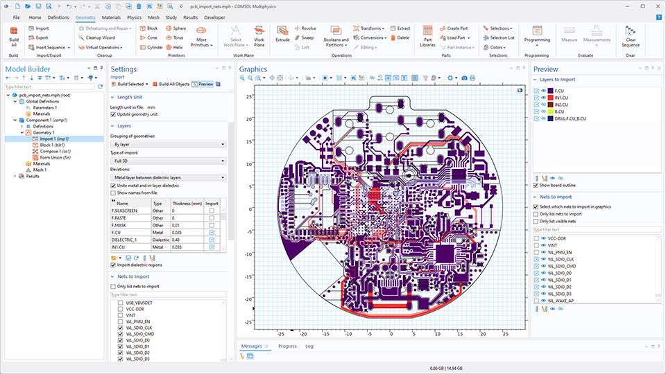 The COMSOL Multiphysics UI showing the Model Builder with the Import node highlighted, the corresponding Settings window, a PCB model in the Graphics window, and the Preview window.