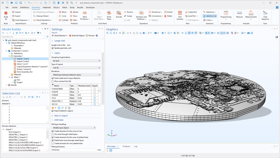 The COMSOL Multiphysics UI showing the Model Builder with the Import node highlighted, the corresponding Settings window, and a PCB model in the Graphics window.
