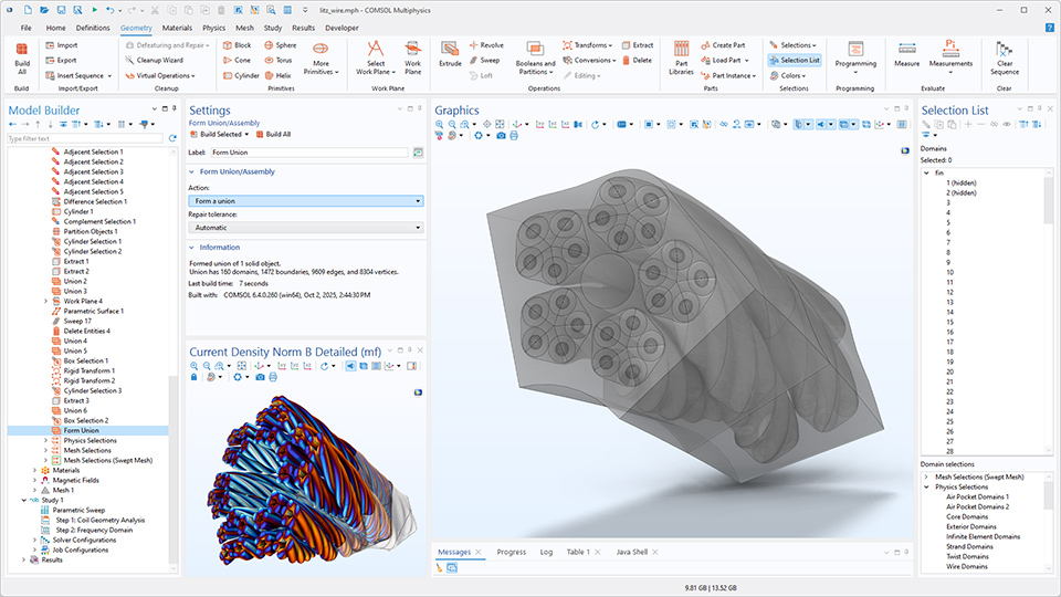 The COMSOL Multiphysics UI showing the Model Builder with the Form Union/Assembly node highlighted, the corresponding Settings window, and a litz wire model in the Graphics window.