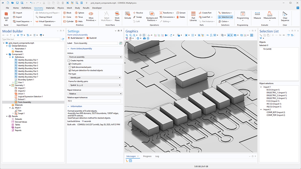The COMSOL Multiphysics UI showing the Model Builder with the Form Union/Assembly node highlighted, the corresponding Settings window, and a PCB model in the Graphics window.
