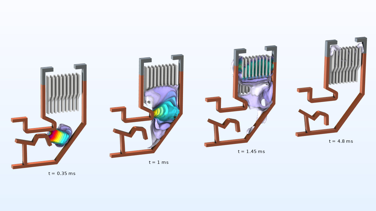 Four circuit breaker models showing the arc temperature at different times.
