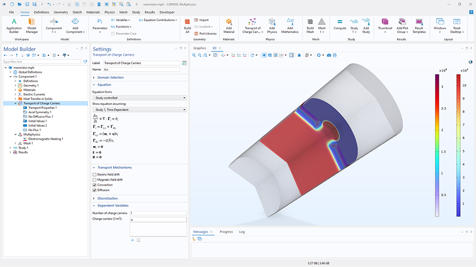 L'interface utilisateur de COMSOL Multiphysics montrant le Constructeur de modèles avec le noeud Transport des porteurs de charge mis en évidence, la fenêtre de réglages correspondante, et un modèle de memristor dans la fenêtre graphique.