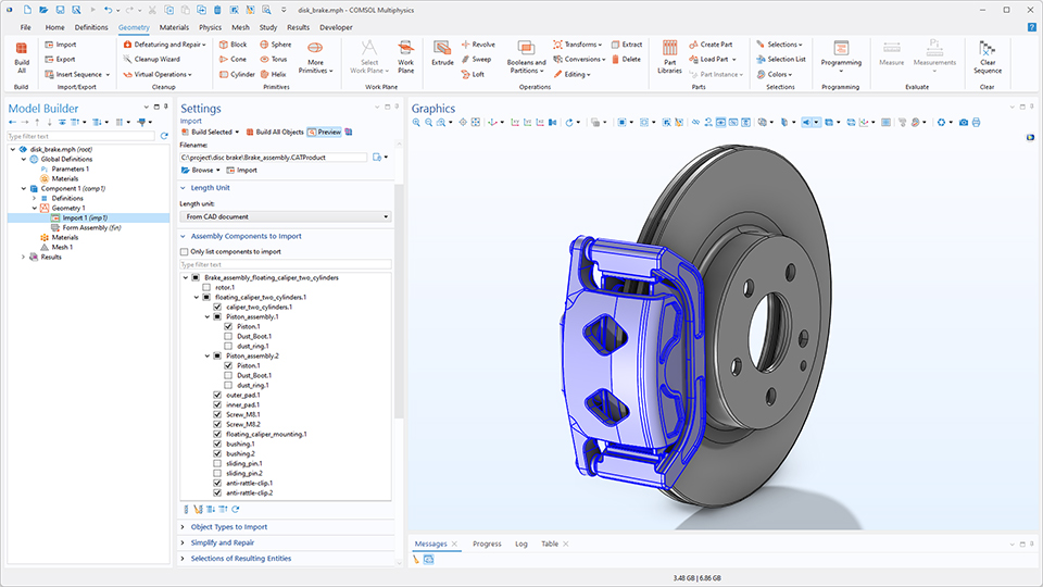 The COMSOL Multiphysics UI showing the Model Builder with the Import node highlighted, the corresponding Settings window, and a disc brake model in the Graphics window.