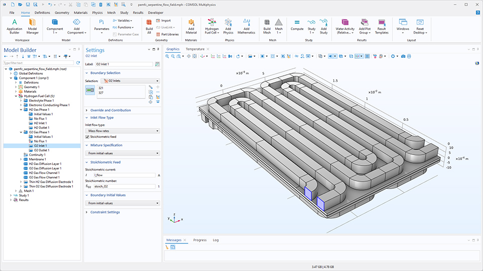 The COMSOL Multiphysics UI showing the Model Builder with the O2 Inlet node highlighted, the corresponding Settings window, and a proton exchange membrane fuel cell (PEMFC) model in the Graphics window.