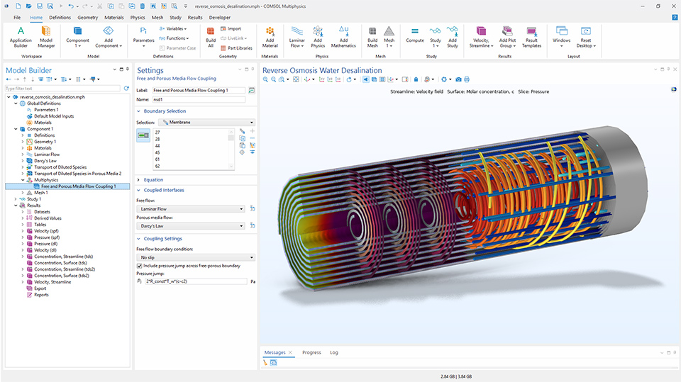 L'interface utilisateur de COMSOL Multiphysics montrant le Constructeur de modèles avec le noeud
Couplage de l'écoulement en milieux libre et poreux mis en évidence, la fenêtre de réglages correspondante et une unité de dessalement dans la fenêtre graphique.