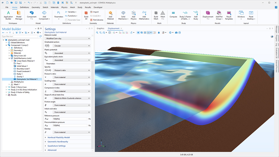The COMSOL Multiphysics UI showing the Model Builder with the Elastoplastic Soil Material node highlighted, the corresponding Settings window, and a slope stability model in the Graphics window.