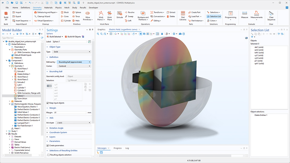 L'interface utilisateur de COMSOL Multiphysics montre le Constructeur de modèles avec le noeud Sphère mis en évidence, la fenêtre de réglages correspondante, et un modèle d'antenne dans la fenêtre graphique.