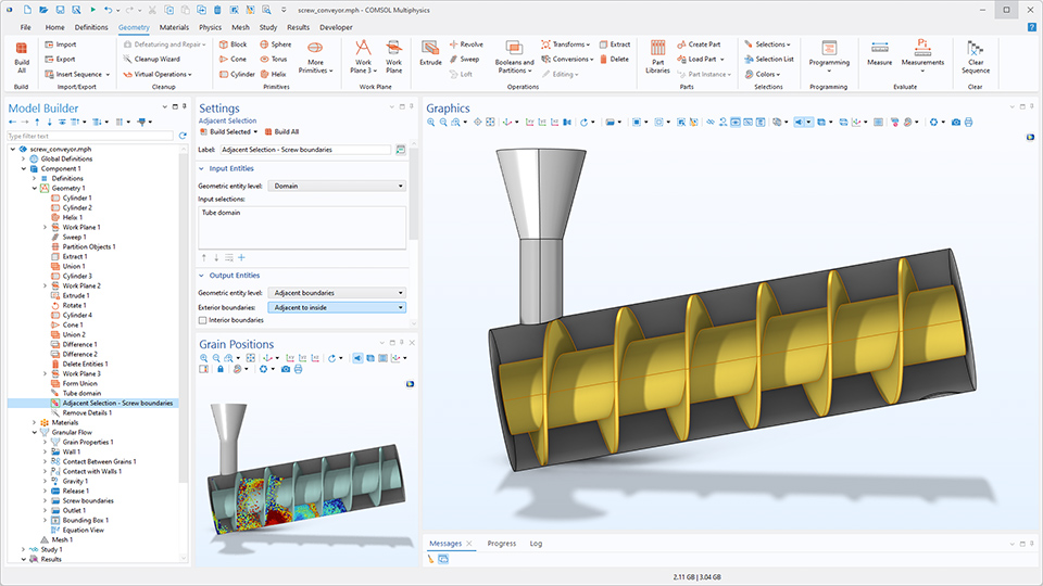 L'interface utilisateur de COMSOL Multiphysics montre le Constructeur de modèles avec le noeud Sélection par adjacence mis en évidence, la fenêtre de réglages correspondante, et un modèle de convoyeur à vis dans la fenêtre graphique.