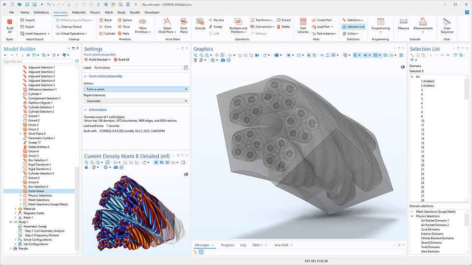 L'interface utilisateur de COMSOL Multiphysics montre le Constructeur de modèles avec le noeud Constituer une union ou un assemblage mis en évidence, la fenêtre de réglages correspondante, et un modèle de fil de Litz dans la fenêtre graphique.