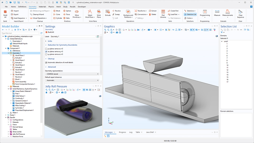 L'interface utilisateur de COMSOL Multiphysics montre le Constructeur de modèles avec le noeud Géométrie mis en évidence, la fenêtre de réglages correspondante, un modèle de batterie dans la fenêtre graphique, et la fenêtre Liste de sélection.